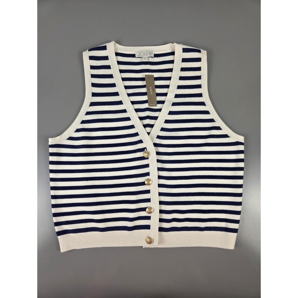 NWT J. Crew Emilie Striped V-Neck Sweater Vest Navy White Gold Buttons XL